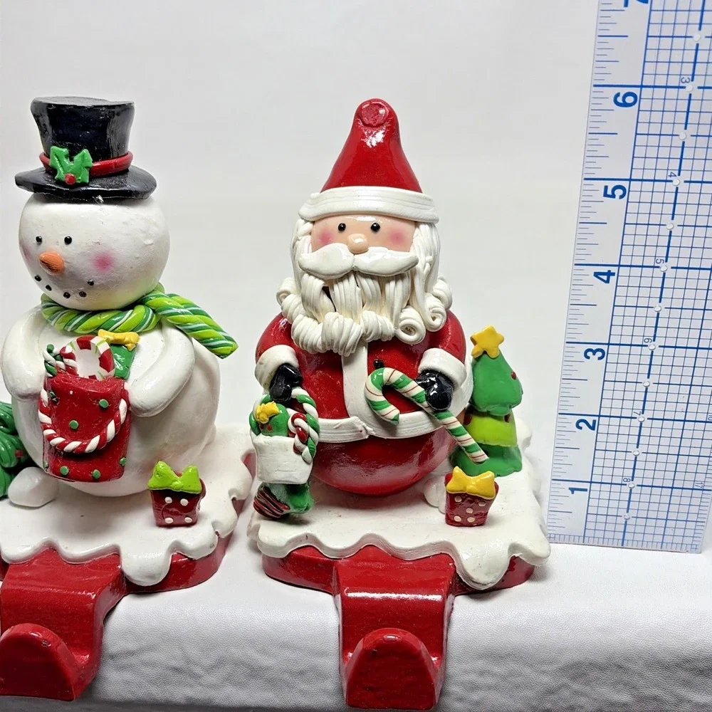 Vintage Claydough Set of 2 Santa Claus Snowman Stocking Holders Christmas Metal